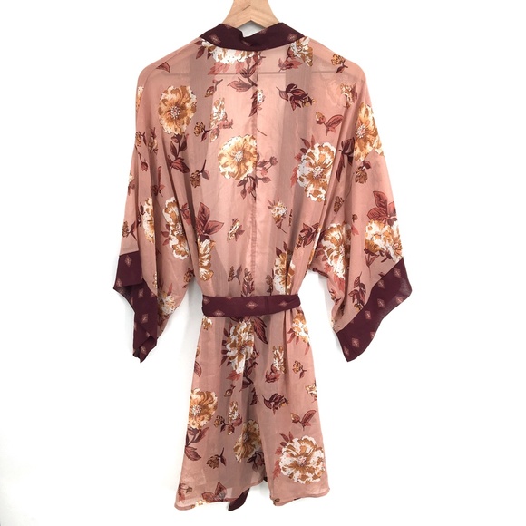Xhilaration kimono floral dusty rose fall autumn sheer top boho robe M L women's - Picture 10 of 12